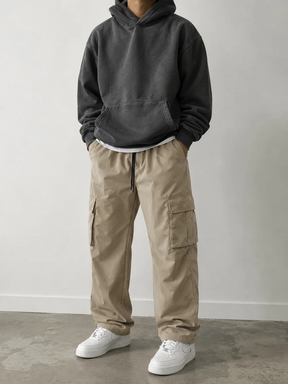 Men's Beige Cargo Pants with Elastic Waist